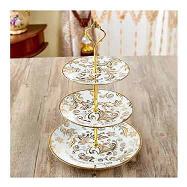 Imagem de GeRRiT Fruteira de três camadas prato de frutas para sala de estar prateleira de sobremesa de cerâmica luxuosa multicamadas chá da tarde lanches frutas secas decorativas cesta pratos