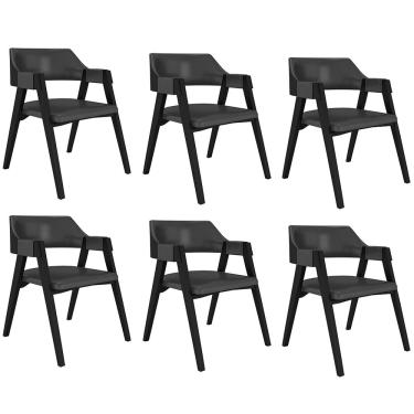 Imagem de Kit 6 Cadeiras Sala de Jantar e Jogos Carteados Madeira Maciça Poker PU Grafite/Preto G42 - Gran Belo