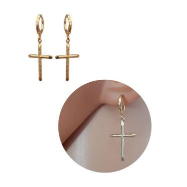 Imagem de Brinco Argolinha com Cruz Folheado Ouro 18k Antialérgico - Mixfolheado