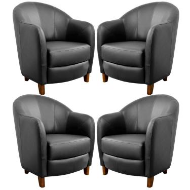 Imagem de Kit 4 Poltronas Decorativas Sala de Estar Pés Madeira Kairós Couro Preto - Gran Belo