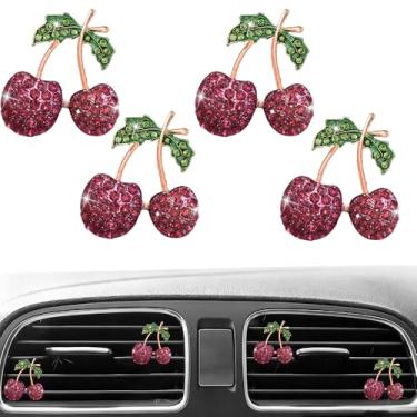 Imagem de 4 peças de cristal brilhante cereja purificador de ventilação de carro clipe de perfume, fragrância de saída de ar de strass, aromatizador de perfume, decoração de carro (rosa vermelha)