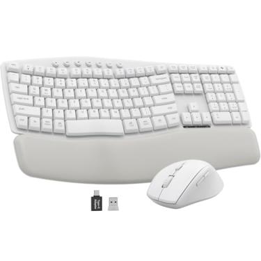 Imagem de Combo de teclado e mouse sem fio branco silencioso, teclado ergonômico de 2,4 G com descanso almofadado, teclado de digitação suave de tamanho completo, mouse silencioso ajustável de 3 DPI para