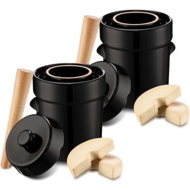 Imagem de Nuenen Conjunto de 2 potes de fermentação de 1/2 galão de chucrute com tampa, pesos e libra de cerâmica para fermentação, pote de grés marrom para fermentação, decapagem, repolho, chucrute, picles