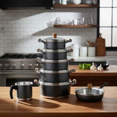 Imagem de Conjunto de Panelas, Caçarola de Alumínio 16-24cm com Tampa de Vidro, Frigideira 22cm e Canecão Pop 12cm (Preto)