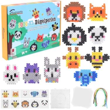 Imagem de Homgaty Conjunto de contas grandes de 10 mm com fusível de animais para adultos - 1000 contas XL com 10 animais, modelos, placas e papel para passar a ferro - Artesanato criativo