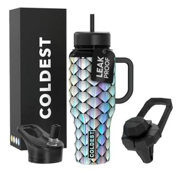 Imagem de Copo Coldest com alça e canudo, copo isolado 100% à prova de vazamento com tampa e canudo (3 tampas), copos de aço inoxidável para mulheres e homens, base compatível com porta-copos, 1,020 g (dragão