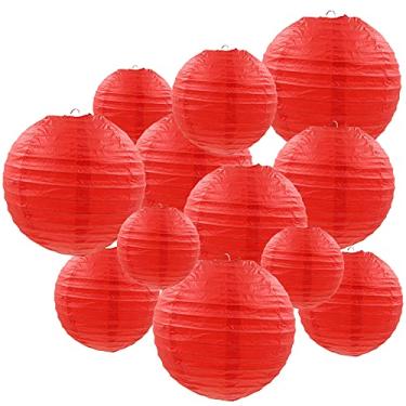 Imagem de Famolay Lanternas de papel vermelhas, 12 peças, tamanhos variados, de 15 cm, 20 cm, 25 cm, 30 cm, 4 cm, 4 cm, 12 cm, chinesas, para pendurar, lanternas de bola para decoração de casa, festas e casamentos