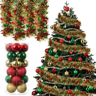 Imagem de Yuxung Guirlanda de Natal de 10 metros com 24 peças de enfeites de bola de Natal de 5 cm guirlanda metálica torcida para aniversário de casamento de Natal (vermelho, verde e dourado)
