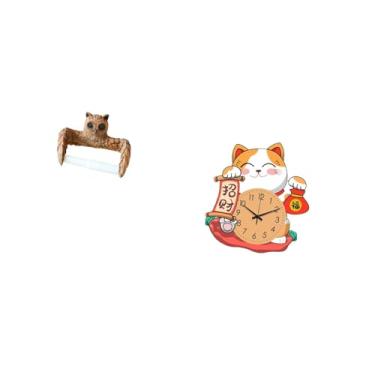 Imagem de Fenteer Suporte de Papel Higiênico Criativo de E Gato, Organizador de Toalhas, Relógio de Parede de Desenho Animado, Dispensador de Rolo Silencioso E a