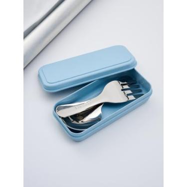 Imagem de Conjunto de talheres de viagem reutilizáveis, 2 peças, colher e garfo de aço inoxidável com estojo branco, utensílios de mesa portáteis de cabo curto para acampamento, escritório, piquenique, prata