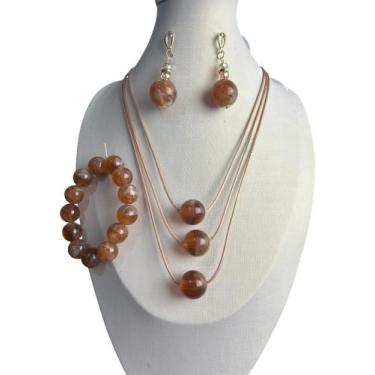 Imagem de Kit Maxi Colar Com Pulseira e Brincos Pingente Quadrado Resina Elegant