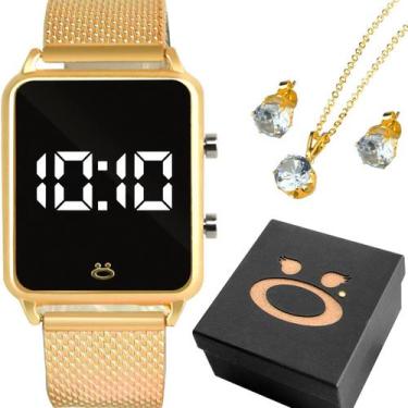 Imagem de relogio feminino digital caixa colar pulseira brinco dourado presente 