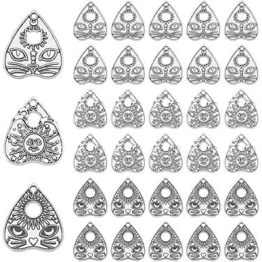 Imagem de 30 peças de pingentes de coração com gato 3 estilos vintage pingentes de liga ouijas planchette encantos placa de adivinhação pingentes para pulseiras, joias, furo: 1,8 mm