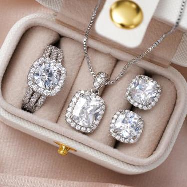 Imagem de Charmoso temperamento colar brincos anéis para mulheres brilhante luxuoso conjunto de joias para casamento, 5, Latão, Zircônia cúbica