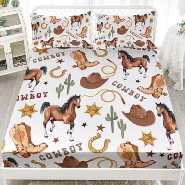Imagem de XYNHML Jogo de lençol Queen com cavalo do oeste, marrom selvagem, bota de caubói, cacto, para crianças, adolescentes, meninas, meninos, adultos, para decoração de cama com 1 lençol com elástico + 2