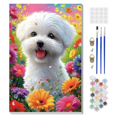 Imagem de DOMROM Kit de pintura animal por números para adultos iniciantes com cavalete de madeira, kit de pintura de cachorro por número em tela, kit de pintura a óleo DIY para decoração de parede de casa