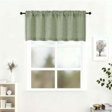 Imagem de Lecloud Saia verde para janela de 50 cm de comprimento, cortinas de cozinha elegantes com filtro de luz de privacidade sobre a pia, pequenas cortinas rústicas respiráveis com bolsos de haste para