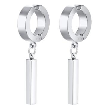 Imagem de Brincos masculinos pretos pretos de aço inoxidável com pingente de metal resistente à alergia, Aço inoxidável