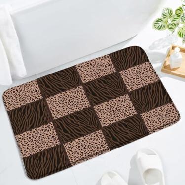Imagem de LAEDCIITI Tapete de banho com estampa de leopardo, patchwork, estampa de pele de animal selvagem, geométrico, quadrado, emenda, safári, africano, tapete de banho, tapete absorvente para quarto