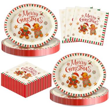 Imagem de Maxdot 100 peças de pratos e guardanapos de Natal, 25,4 x 30,5 cm, ovais descartáveis, pratos masculinos de gengibre, conjunto de louça de papel de Natal, para decoração de festa de família