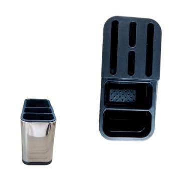 Imagem de Porta Talheres em Aço Inoxidável e Plástico, Organizador de Mesa com 3 Compartimentos, Design Moderno Inox com Preto, 18x8.5x13cm