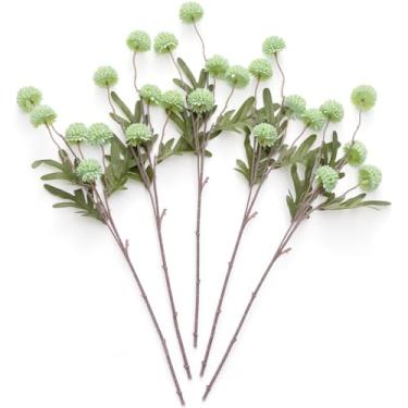 Imagem de Laelfe Pompon artificial de flores de outono, 5 peças de flores kiku falsas de seda, pequena mini bola de crisântemo, decoração de mãe falsa para enchimento de outono, buquê faça você mesmo, arranjos