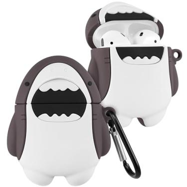 Imagem de Boaretiu para Airpods 2ª/1ª capa fofa desenho kawaii - com chaveiro, design engraçado, capa para meninas, adolescentes e mulheres, capas para Air Pods 2ª/1ª, tubarão