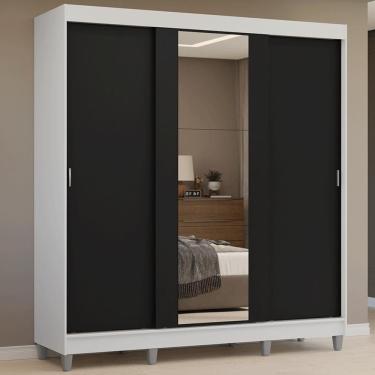 Imagem de Guarda-roupa Casal Com Pés 3 Portas De Correr Com Espelho Branco Preto Reno Madesa