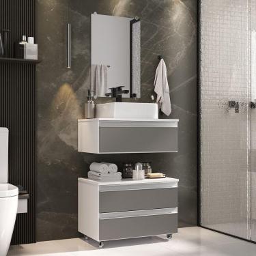 Imagem de Conjunto Gabinete Banheiro Creta 60cm (gabinete+espelheira+cuba) Branco Cinza