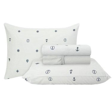 Imagem de Jogo de Cama Duplo Queen 4 Peças Percal 180 Fios Náutico Sonhare Prata