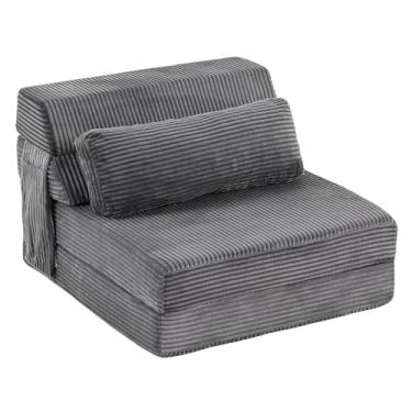 Imagem de YOTATING Sofá-cama dobrável com travesseiro, cadeira de dormir conversível, sofá futon confortável colchão lounge sofá para adultos cadeira dobrável portátil para sala de estar quarto, solteiro, cinza