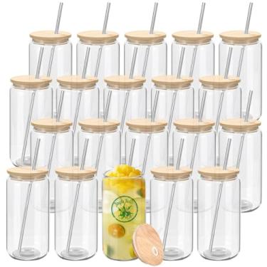 Imagem de YOUKE OLA Pacote com 20 copos de vidro com tampas de bambu e copos de metal em forma de lata, copo de vidro reutilizável copos fofos para uísque, café gelado, chá, refrigerante, coquetel, presente