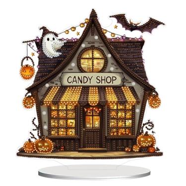 Imagem de Huacan Ornamento de pintura de diamante 5D DIY Halloween House Half Diamond acrílico único lado cristal display artesanato casa decoração de mesa 24,2 x 17,9 cm