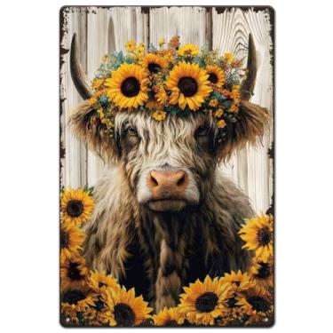 Imagem de SUPERDANT Placas de metal de iaque highland girassol placas de estanho gado das terras altas com placas de parede de flores arte de pôster de ferro engraçado para homem caverna garagem casa sala de
