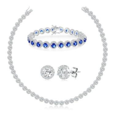 Imagem de Gemsme Conjunto de colar / pulseira/brincos de tênis de zircônia cúbica banhado a ouro branco 18K para noiva, dama de honra, conjunto de joias femininas, Latão, Zircônia cúbica