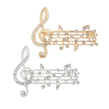 Imagem de Dreuyet 2 peças de broche de notas musicais para homens mulheres ouro prata microfone nota musical broche crachá correntes penduradas colarinho broches para terno de carreira smoking de camisas