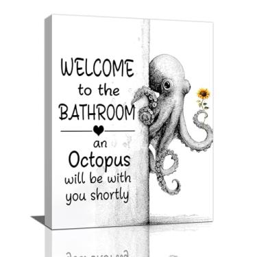 Imagem de Arte de parede de banheiro de polvo, decoração de parede engraçada em tela de polvo, pintura emoldurada em preto e branco, arte para banheiro, sala de estar, quarto, 40 cm x 30 cm L