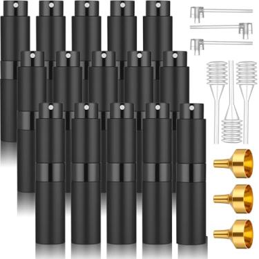 Imagem de LIQWEI 15 peças de atomizador de perfume recarregável de 8 ml, mini frasco de perfume recarregável, frasco pulverizador de colônia vazio, frascos de spray portáteis para viagem (preto fosco)