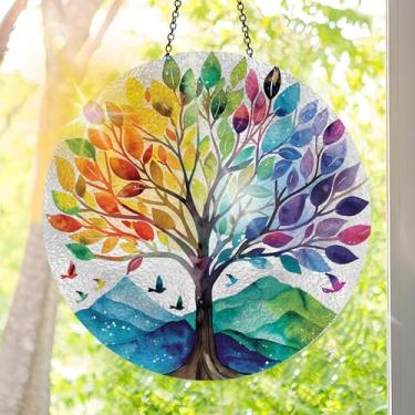 Imagem de Acrílico colorido Suncatcher, decoração de janela suspensa em árvore com design de vitral impresso, apanhador de sol, arte de parede de arco-íris, ornamentos de Natal para uso interno e externo 19,8 x
