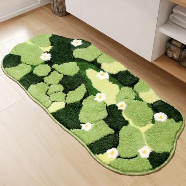 Imagem de Softania Tapete de banheiro longo verde - Tapete de corredor de banheiro de musgo absorvente e antiderrapante, tapete decorativo lavável verde macio para banho, banheira, pia, quarto