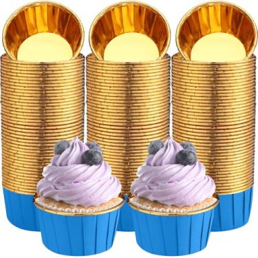 Imagem de Gandeer Pacote com 300 forros de cupcake de ouro azul a granel, copos descartáveis para muffins, embalagens de 100 ml, papel de alumínio, mini metálico, descartável, festa, casamento, festival