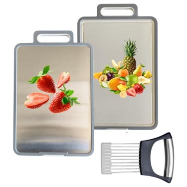 Imagem de Uniqueplus Tábuas de corte seguras tábuas de corte de aço para cozinha, aço inoxidável, tábua de corte dupla face, tábuas de corte para cozinha, tábua de corte grande (cinza)