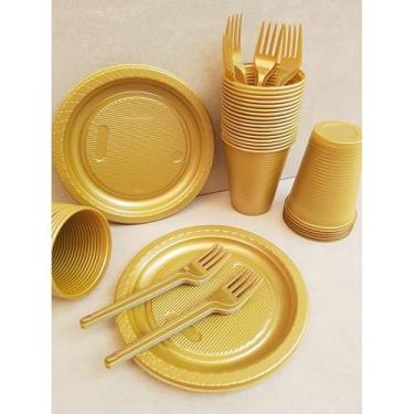 Imagem de Kit Descartável Econômico 150 Itens - Conjunto para Festas com Pratos, Copos e Garfos para Aniversário e Eventos(Dourado 150 itens)