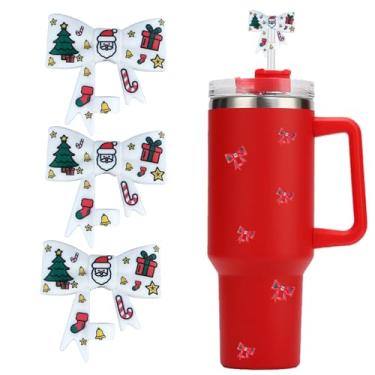 Imagem de HIUSITY Cobertura de palha de laço de Natal para copo Stanley, topo de palha de silicone para copo com alça de 1,134 g, tampa de canudos fofos de 10 mm/0,4 pol, tampa de canudos reutilizáveis para