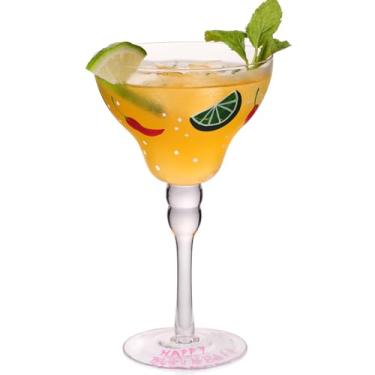 Imagem de ELERGIFTS Copo Margarita pintado à mão, copos soprados à mão de 293 ml, copos modernos de bar para martini, taças artesanais para beber cupê para coquetel champanhe, decorações de festa (série Chili)