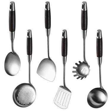 Imagem de Conjunto de utensílios de aço inoxidável de 6 peças, cabos de madeira de ébano, panelas antiaderentes, funciona em todos os fogões
