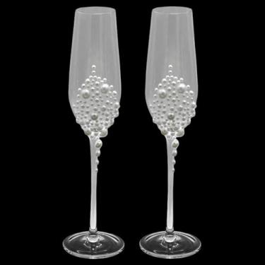 Imagem de byepica Elegantes taças de champanhe de casamento com pérolas aplicadas à mão, 2 peças de copos de brinde de cristal para noiva e noivo, conjunto de presente para casais