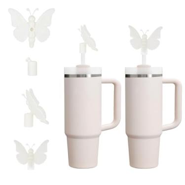Imagem de Tampa de palha de silicone com borboleta 3D cremosa fofa para copo Stanley 30 e 1,134 g com alça, tampas de canudo reutilizáveis à prova de poeira de 10 mm