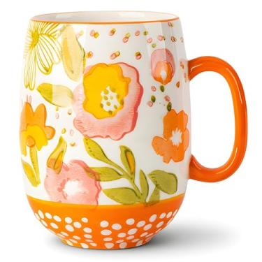 Imagem de Caneca de café grande de cerâmica de 740 ml com alça para café ou chá, caneca de cerâmica floral pintada à mão para mulheres, durável para micro-ondas e lava-louças, presente de Ação de Graças para a