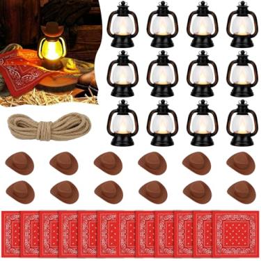 Imagem de MOTOTO Conjunto de 12 peças centrais de festa com tema ocidental, decoração de festa ocidental, inclui 12 mini lanternas, 12 mini chapéus de cowboy, 12 mini bandanas, 1 corda de juta para casamento,